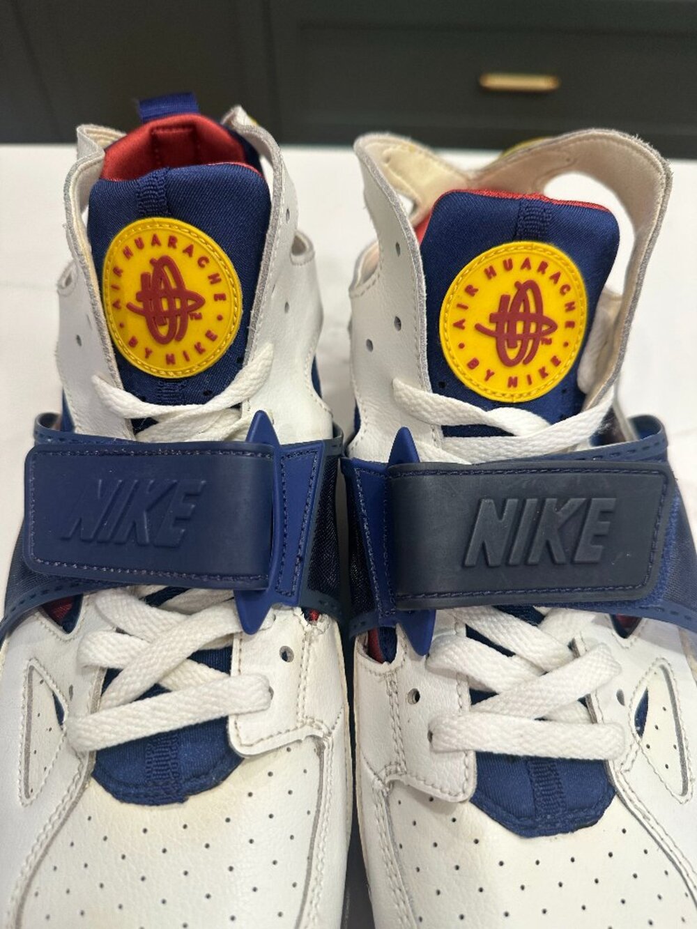 Nike Air Trainer Huarache Hightop White with Navy, Yellow and Maroon - Mens 10.5